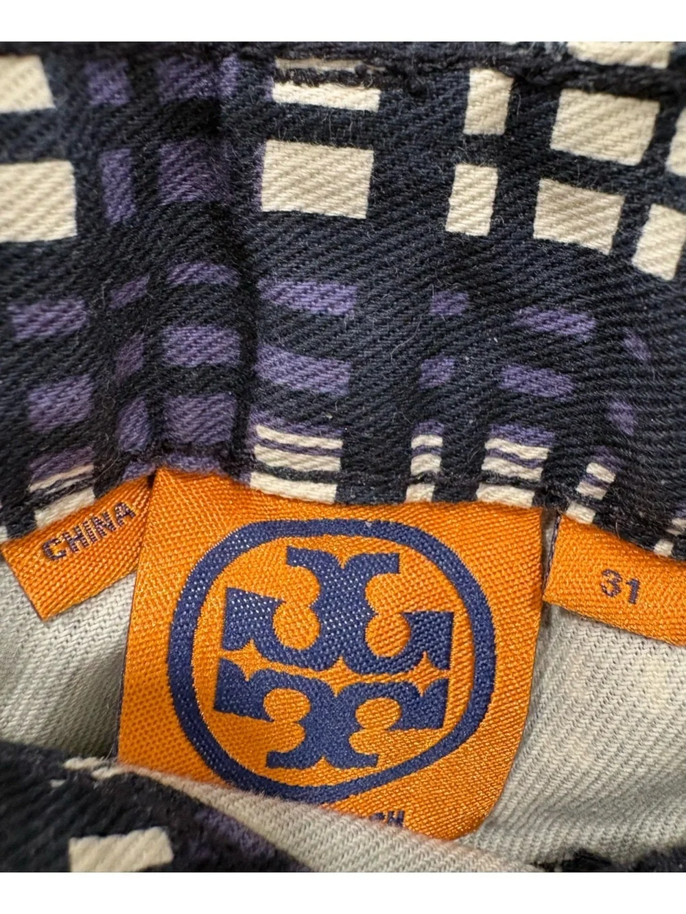 Tory Burch Conner Skinny Pants Women's Size 31 Navy Printed Plaid Stretch Preppy
